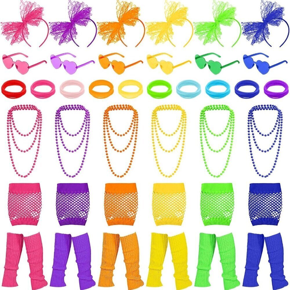 80s Costume Accessories Women Neon Gloves Headband Necklace Glasses Leg Warmers